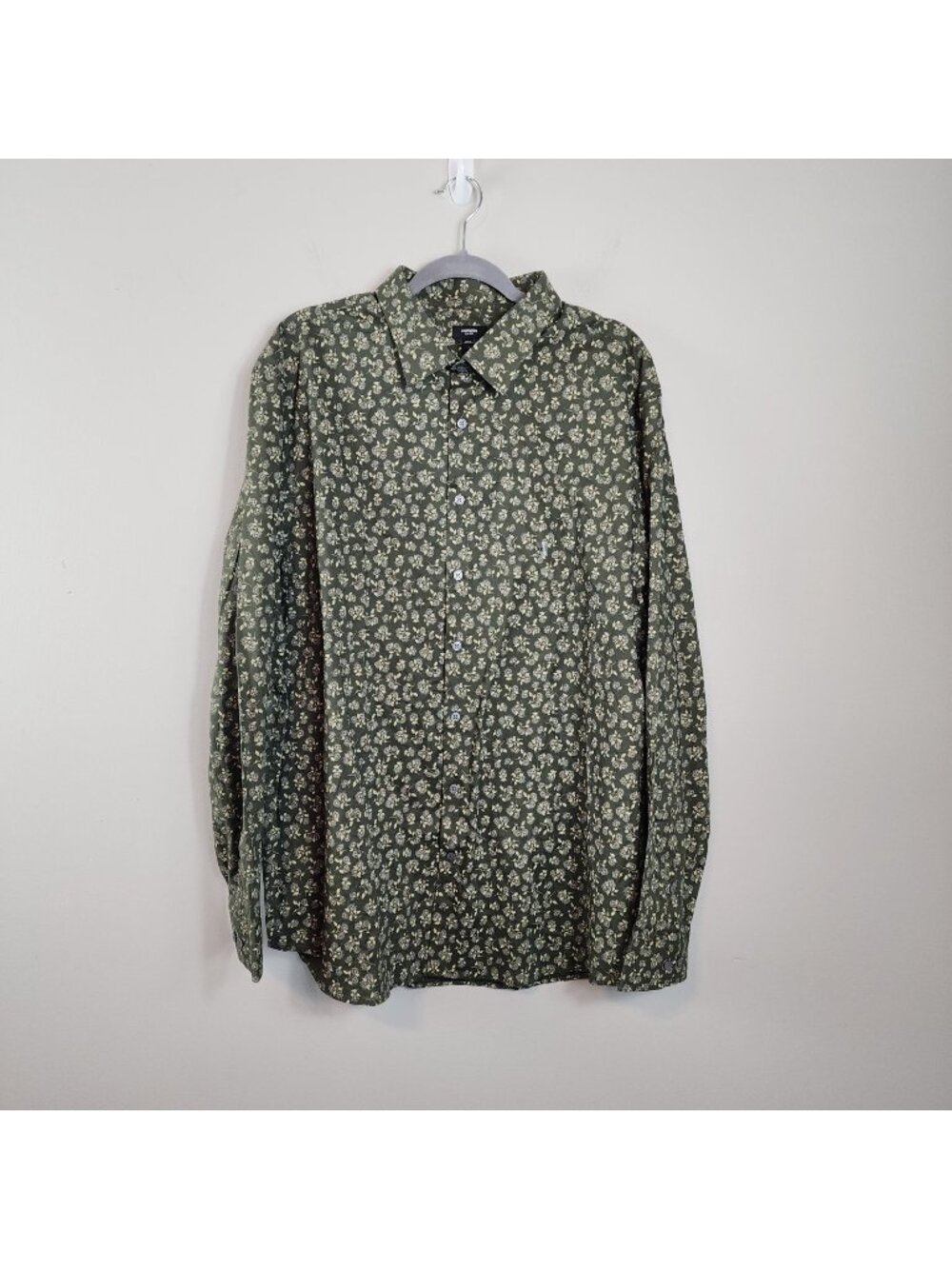 Express men long sleeve button down shirt olive green floral sz XXL Slim New